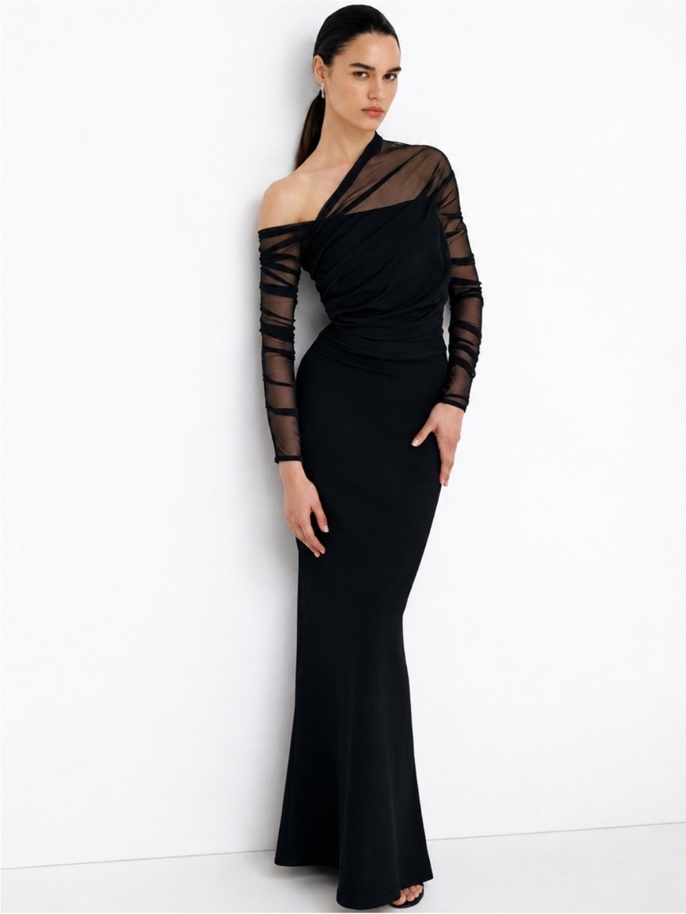 NWT Marcella NYC Monroe Maxi Dress Mermaid European Ponte & Mesh Gown Size Large